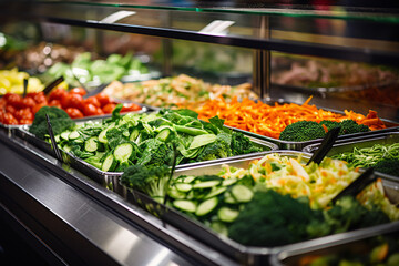 Obraz premium Fresh vegetables in a salad bar at a restaurant. Selective focus