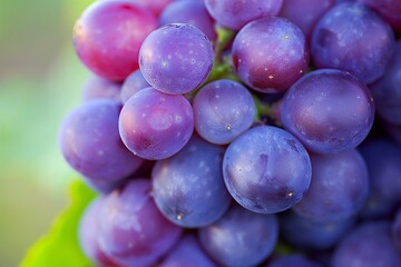 A close-up of a cluster of ripe purple grapes, with a backdrop of a muted olive green, highlighting...