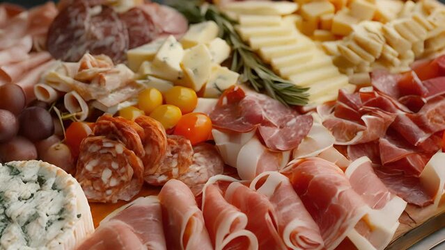 A beautifully arranged charerie board featuring an array of artisanal cheeses and cured meats.