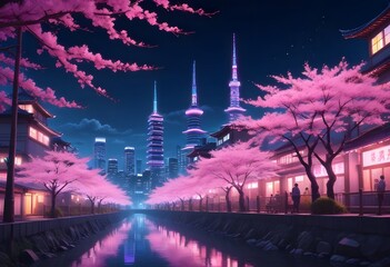 Fantasy Japanese night view city cityscape, neon light, residential skyscraper buildings, pink cherry sakura tree. Night urban anime fantasy