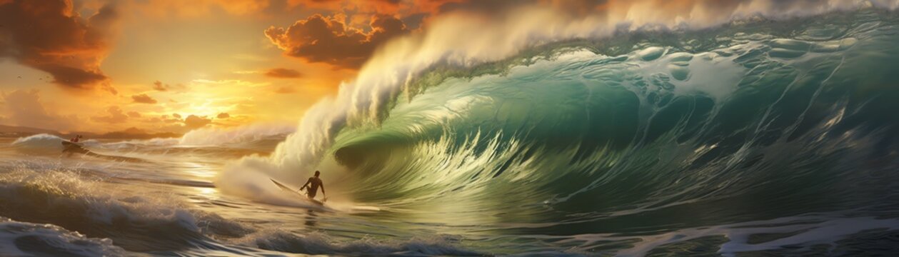 Dynamic ocean surfing action with high waves, capturing the thrill and excitement of the sport