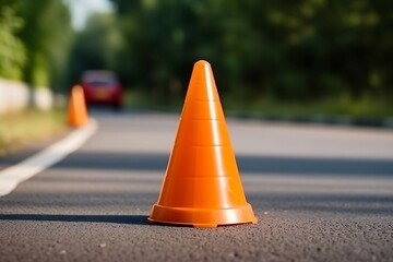 Close up of an orange traffic cone on the road copy space