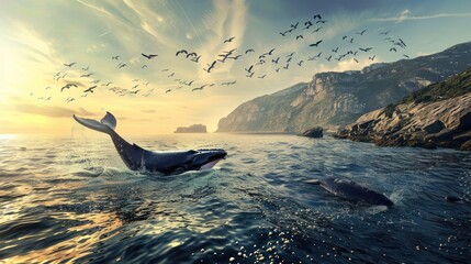 Whale Watching: Design a nature-inspired scene set on a rugged coastline overlooking the ocean, 