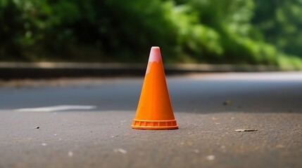 Traffic cone on the road in the evening with blurred background.