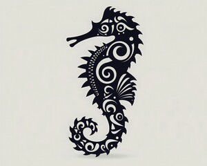 Black  silhouette seahorse with graphic pattern. Marine-themed tattoo design. Print for clothes. stylized shape silhouette sea horse logo. Marine animals, the underwater world. World ocean day.