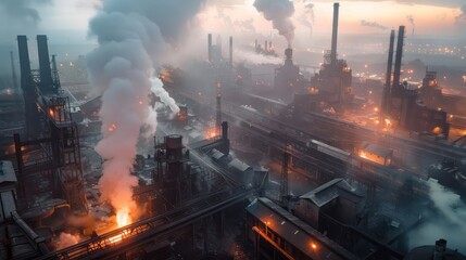 A city skyline with smoke and fire coming from factories