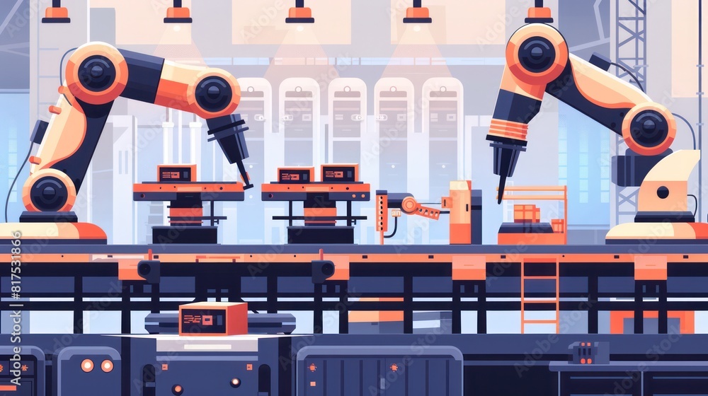 Fototapete a factory scene with two robots working on a conveyor belt