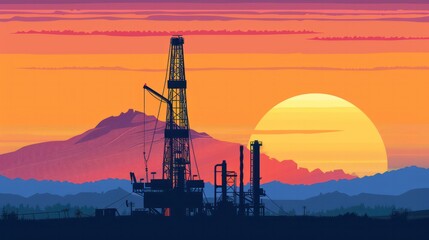 Obraz premium A sunset over a mountain with a large oil rig in the foreground