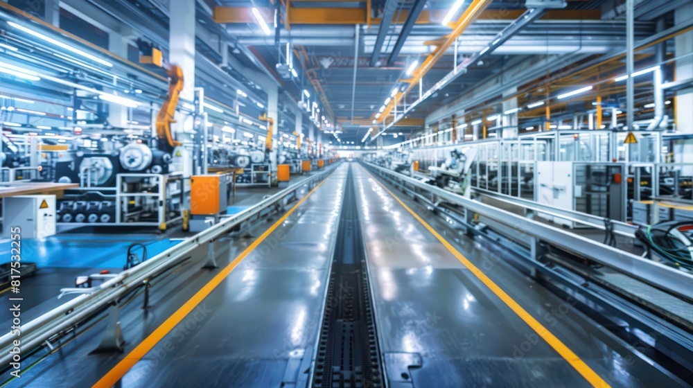Poster a factory with a long, empty assembly line