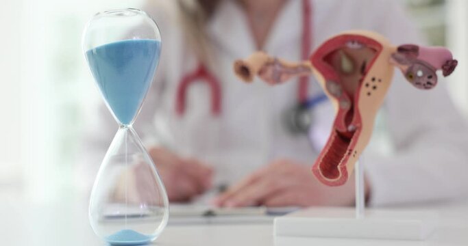 Anatomy of uterus in menstrual cycle and an hourglass on gynecologist table