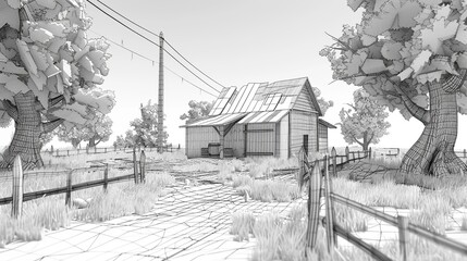 I imagine an old farm house in winter, covered in snow The black and white sketch captures the vintage beauty of the old house amidst the urban landscape, with trees and a bridge nearby