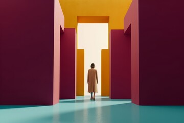 woman walking into rectangular opening in coloured wall