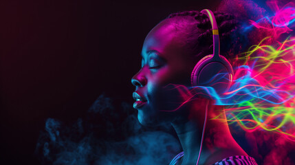 African woman immersed in rhythm, her hair adorned with vibrant digital lights, as music washes over her in a colorful wave.
An African woman listens to music on headphones,
