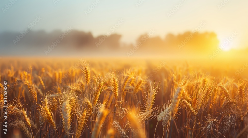 Poster wheat fields at sunrise with soft light illuminating the golden crops and a misty horizon in the bac