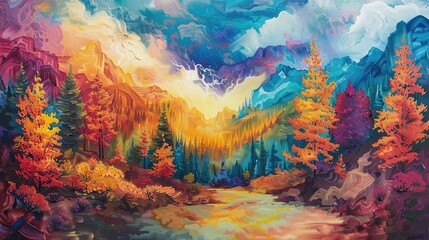 I imagine a vibrant, abstract watercolor painting depicting a scenic landscape with trees, water, and a colorful sky, capturing the essence of nature in summer or autumn