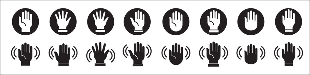Wave hands icon. Hand gesture sign. Palm hand icon set. Hands icon symbol of greeting, goodbye, hello. Vector graphic design in flat round style for user interface and buttons.