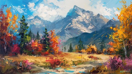 A serene autumn landscape in the mountains, with the sun casting a warm glow over the scene