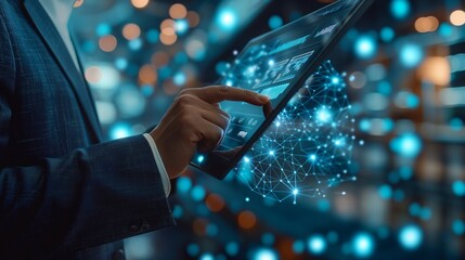 Businessman holding a tablet, engaging with a virtual blockchain network interface, with data fields and digital information floating around. Advanced blockchain technology and data analytics.