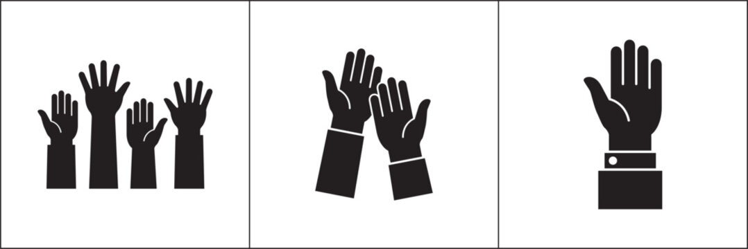 Hand sign. Raised hands icon. Raise hand symbols. Symbol or logo of peoples, community, organization, democracy, donation, charity. Vector stock graphic design in flat style isolated on white.