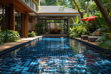 Modern and minimalist style, large open space villa with a pool in the middle of a tropical garden. Created with Ai