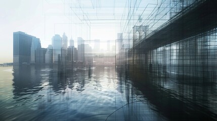 Blue sky and clouds over a city building with glass windows, illustrating a futuristic urban office design concept with digital technology and motionBlue sky and clouds over a city building with glass