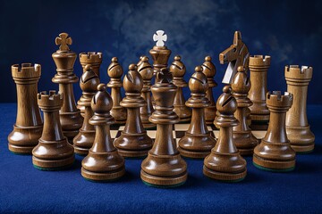 A polished wooden chess set, with pieces strategically placed, set against a royal blue felt surface for a regal and intellectual vibe. 32k, full ultra HD, high resolution