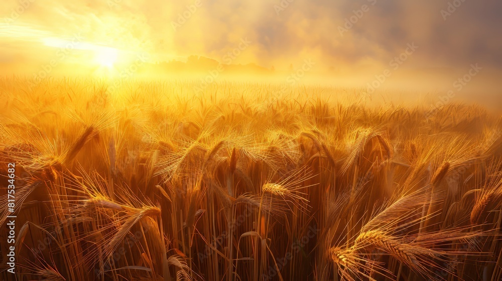 Aufkleber wheat fields at sunrise with soft light illuminating the golden crops and a misty horizon in the bac