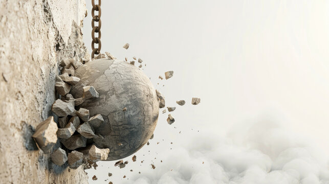 Wrecking ball breaking concrete wall, copy space