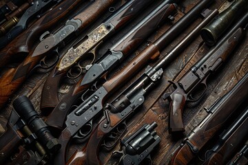 Several firearms scattered on a wooden tabletop in a close-up view