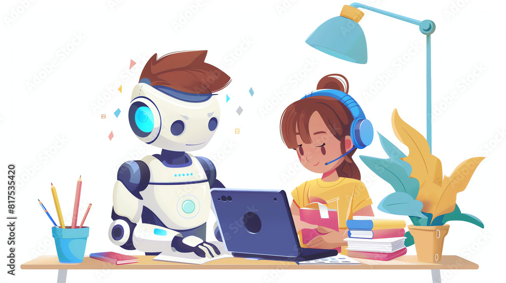 Aufkleber a child engages with a friendly robot while working on a laptop in a bright and colorful room