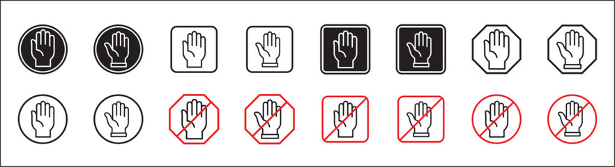 Stop hand icon. Forbidden sign collection. Hand gesture restriction symbol. No entry signs. Vector graphic design template isolated on white background. Symbol of forbidden, restricted area, banned.
