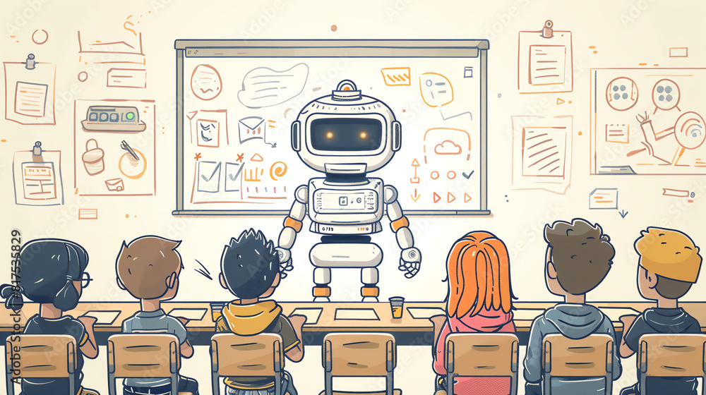 Poster a classroom with a robot teaching students about technology and innovation