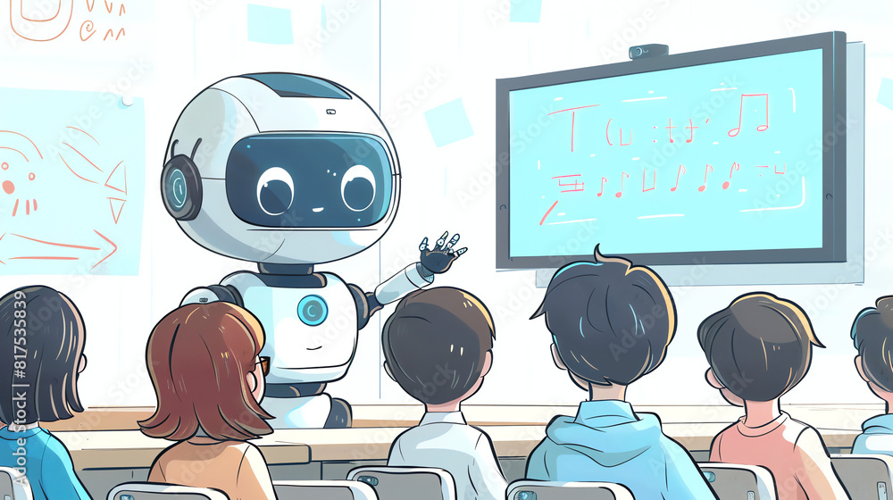 Aufkleber robot teaches a group of children in a modern classroom setting during a technology workshop