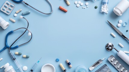 Top view with copy space of medical equipment, stethoscope, syringes, pills and scissors on edge on light blue banner background.