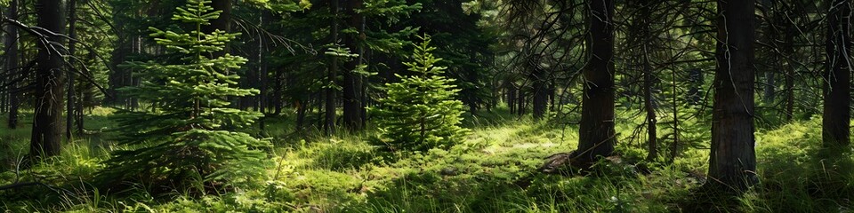 Healthy green trees in a forest of old spruce, fir and pine