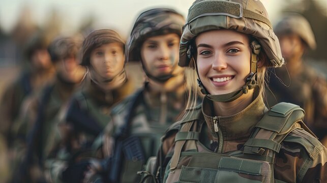 Young woman soldier, representation of women in the military. Diverse military team working together, teamwork and camaraderie. - Powered by Adobe