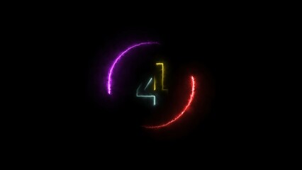 Abstract countdown four number, cyan and lime green color, neon light illustration. Black background red and magenta circle 4k illustration.	
