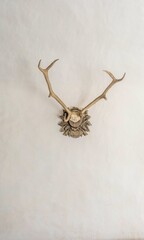 Mounted antlers on a white wall, presenting a minimalist and rustic decorative touch, in Slovenia