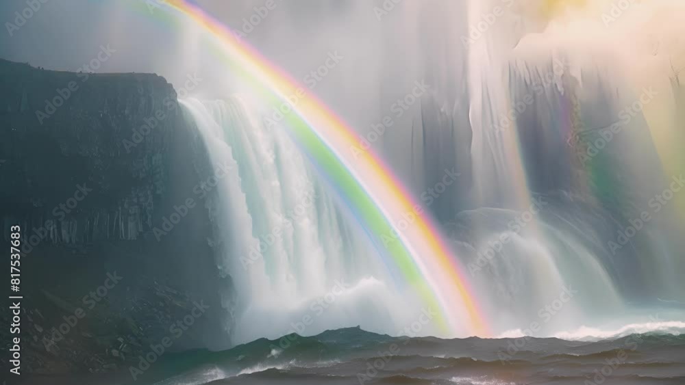 Aufkleber a waterfall enveloped in mist with a striking rainbow breaking through the fog and adding a pop of c