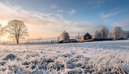 Obraz premium Frosted countryside scenery, Snow, field, countryside, frost, scenery