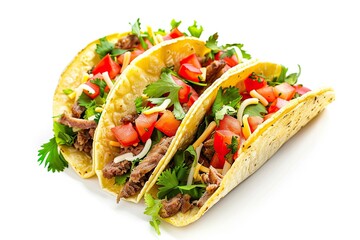 Tacos with meat and vegetables isolated on white background