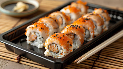 A tray of sushi rolls with soy sauce and chopsticks on a bamboo mat