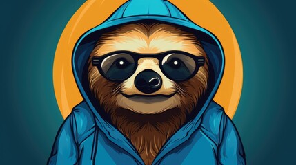Naklejka premium Hip cartoon sloth wearing a blue hoodie and sunglasses, set against a dark background with a vibrant orange halo. Perfect for trendy and modern designs. 