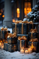 Elegant Black and Gold Christmas Gift Boxes in Snowy Setting