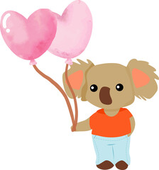 Cute Koala with pink heart shaped balloons.