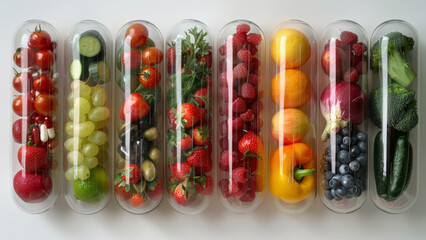 Colorful Capsules Filled with Fresh Fruits and Vegetables Representing Comprehensive Health and Nutritional Supplements