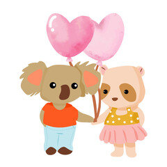 Cute bear and koala lover with pink heart shaped balloons 