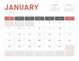 Page Sunday Calendar Planner Template of January 2025 year. Vector mockup calendar with the week starting on Monday for printing. Page for size Letter -8.5x11 in.