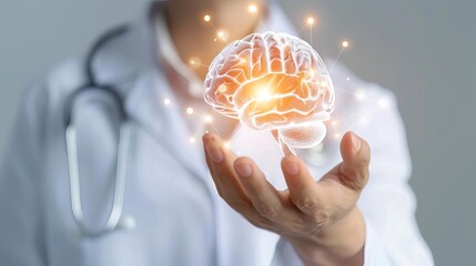 A doctor holds a glowing brain in their hand