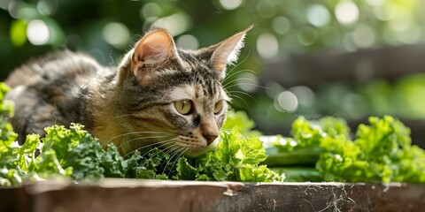 A domestic cat with a variety of green vegetables for a balanced diet. Concept Pet Nutrition, Healthy Eating, Balanced Diet, Feline Wellness, Green Vegetables